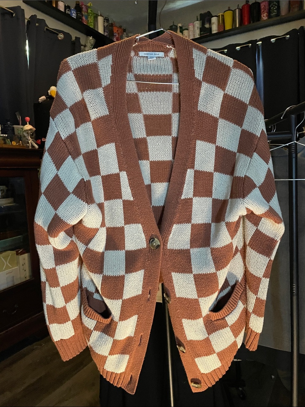 American Eagle Outfitters Brown and Cream Checkerboard Cardigan